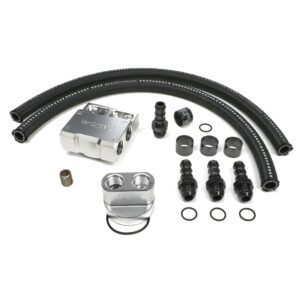 HAMBURGER'S PERFORMANCE PRODUCTS BILLET ALUMINUM SINGLE OIL FILTER RELOCATION KIT; HORIZONTAL PORT; 2-1/2 IN. I.D., 2-3/4 IN. O.D. OIL FILTER FLANGE; 18MM X 1.5 NIPPLE- CHEVY V6 & 4 CYL.