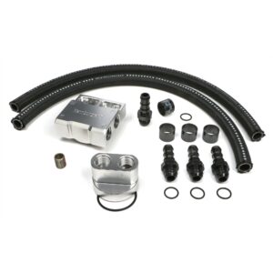 HAMBURGER'S PERFORMANCE PRODUCTS BILLET ALUMINUM SINGLE OIL FILTER RELOCATION KIT; HORIZONTAL PORT; 2-1/2 in. I.D., 2-3/4 in. O.D. OIL FILTER FLANGE; 22MM x 1.5 NIPPLE- FITS 2007-2022 CHEVY/GM GEN IV AND GEN V LS AND LT ENGINES; FORD 4.6L AND 5.4L ENGINES