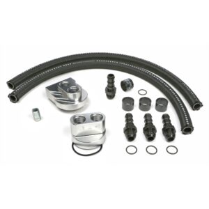 HAMBURGER'S PERFORMANCE PRODUCTS BILLET ALUMINUM SINGLE OIL FILTER RELOCATION KIT; VERTICAL PORT; 2-1/2 IN. I.D., 2-3/4 IN. O.D. OIL FILTER FLANGE; 3/4 IN.-16 NIPPLE- FORD & MOPAR