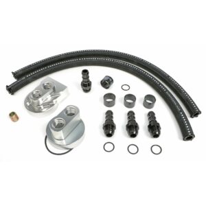 HAMBURGER'S PERFORMANCE PRODUCTS BILLET ALUMINUM SINGLE OIL FILTER RELOCATION KIT; VERTICAL PORT; 3-3/16 IN. I.D., 3-7/16 IN. O.D. OIL FILTER FLANGE; 13/16 IN.-16 NIPPLE- SB CHEVY & BB CHEVY