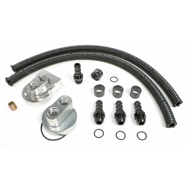 HAMBURGER'S PERFORMANCE PRODUCTS BILLET ALUMINUM SINGLE OIL FILTER RELOCATION KIT; VERTICAL PORT; 3-3/16 IN. I.D., 3-7/16 IN. O.D. OIL FILTER FLANGE; 13/16 IN.-16 NIPPLE- SB CHEVY & BB CHEVY