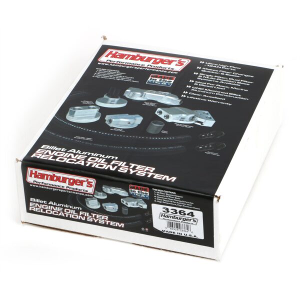 HAMBURGER'S PERFORMANCE PRODUCTS BILLET ALUMINUM SINGLE OIL FILTER RELOCATION KIT; VERTICAL PORT; 3-3/16 IN. I.D., 3-7/16 IN. O.D. OIL FILTER FLANGE; 13/16 IN.-16 NIPPLE- SB CHEVY & BB CHEVY