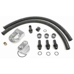 HAMBURGER'S PERFORMANCE PRODUCTS BILLET ALUMINUM SINGLE OIL FILTER RELOCATION KIT; VERTICAL PORT; 2-1/2 IN. I.D., 2-3/4 IN. O.D. OIL FILTER FLANGE; 13/16 IN.-16 NIPPLE- GM V8 & LS