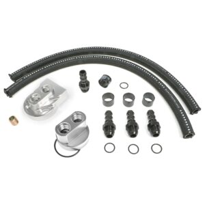 HAMBURGER'S PERFORMANCE PRODUCTS BILLET ALUMINUM SINGLE OIL FILTER RELOCATION KIT; VERTICAL PORT; 2-1/2 IN. I.D., 2-3/4 IN. O.D. OIL FILTER FLANGE; 18MM X 1.5 NIPPLE- CHEVY V6 & 4 CYL.