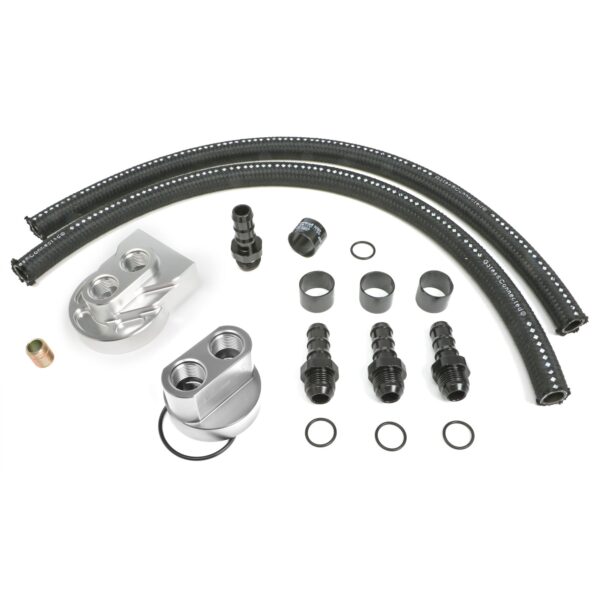 HAMBURGER'S PERFORMANCE PRODUCTS BILLET ALUMINUM SINGLE OIL FILTER RELOCATION KIT; VERTICAL PORT; 2-1/2 IN. I.D., 2-3/4 IN. O.D. OIL FILTER FLANGE; 18MM X 1.5 NIPPLE- CHEVY V6 & 4 CYL.