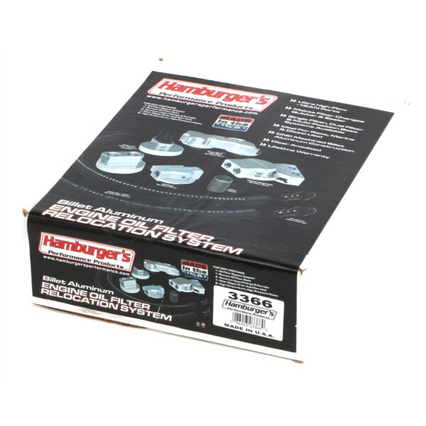 HAMBURGER'S PERFORMANCE PRODUCTS BILLET ALUMINUM SINGLE OIL FILTER RELOCATION KIT; VERTICAL PORT; 2-1/2 IN. I.D., 2-3/4 IN. O.D. OIL FILTER FLANGE; 18MM X 1.5 NIPPLE- CHEVY V6 & 4 CYL.