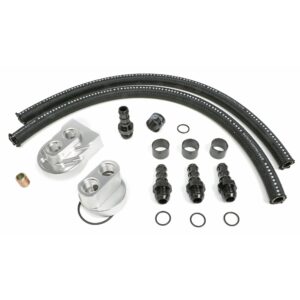 HAMBURGER'S PERFORMANCE PRODUCTS BILLET ALUMINUM SINGLE OIL FILTER RELOCATION KIT; VERTICAL PORT; 2-1/2 in. I.D., 2-3/4 in. O.D. OIL FILTER FLANGE; 22MM x 1.5 NIPPLE- FITS 2007-2022 CHEVY/GM GEN IV AND GEN V LS AND LT ENGINES; FORD 4.6L AND 5.4L ENGINES