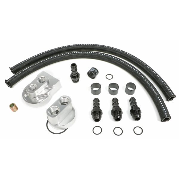 HAMBURGER'S PERFORMANCE PRODUCTS BILLET ALUMINUM SINGLE OIL FILTER RELOCATION KIT; VERTICAL PORT; 2-1/2 in. I.D., 2-3/4 in. O.D. OIL FILTER FLANGE; 22MM x 1.5 NIPPLE- FITS 2007-2022 CHEVY/GM GEN IV AND GEN V LS AND LT ENGINES; FORD 4.6L AND 5.4L ENGINES