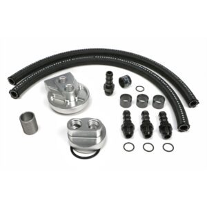 HAMBURGER'S PERFORMANCE PRODUCTS BILLET ALUMINUM SINGLE OIL FILTER RELOCATION KIT; VERTICAL PORT; 2-1/4 IN. I.D., 3-11/16 IN. O.D. OIL FILTER FLANGE; 1 IN.-16 NIPPLE- DODGE CUMMINS DIESEL; DODGE D250, D350, W250, W350 TRUCKS; RAM 2500 & 3500 TRUCKS WITH 5.9 OR 6.7L, OR ANY ENGINE THAT USES AN M1-403A, PH3976A OR EQUIVALENT ENGINE OIL FILTER