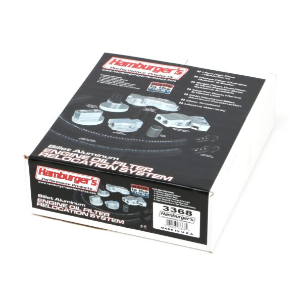 HAMBURGER'S PERFORMANCE PRODUCTS BILLET ALUMINUM SINGLE OIL FILTER RELOCATION KIT; VERTICAL PORT; 2-1/4 IN. I.D., 3-11/16 IN. O.D. OIL FILTER FLANGE; 1 IN.-16 NIPPLE- DODGE CUMMINS DIESEL; DODGE D250, D350, W250, W350 TRUCKS; RAM 2500 & 3500 TRUCKS WITH 5.9 OR 6.7L, OR ANY ENGINE THAT USES AN M1-403A, PH3976A OR EQUIVALENT ENGINE OIL FILTER