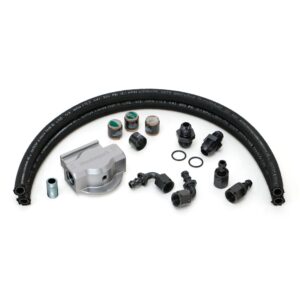HAMBURGER'S PERFORMANCE PRODUCTS, PREMIUM, LS SWAP OIL FILTER INTEGRATION KIT; SINGLE REMOTE OIL FILTER DESIGN; FITS AFTERMARKET LS SWAP OIL PANS WITH -10AN FITTINGS IN PAN RAIL; INCLUDES REMOTE FILTER BASE, OIL LINES, FITTINGS, PORT REDUCERS, HOSE FERRULES- CNC MACHINED BILLET ALUMINUM