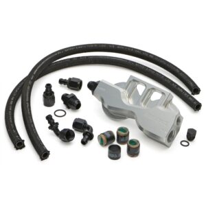 HAMBURGER'S PERFORMANCE PRODUCTS, PREMIUM, LS SWAP OIL FILTER INTEGRATION KIT; DUAL REMOTE OIL FILTER DESIGN; FITS AFTERMARKET LS SWAP OIL PANS WITH -10AN FITTINGS IN PAN RAIL; INCLUDES REMOTE FILTER BASE, OIL LINES, FITTINGS, PORT REDUCERS, HOSE FERRULES- CNC MACHINED BILLET ALUMINUM