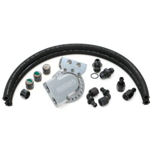 HAMBURGER'S PERFORMANCE PRODUCTS, PREMIUM, LS SWAP OIL FILTER INTEGRATION KIT; MULTI-POSITION REMOTE OIL FILTER DESIGN; FITS AFTERMARKET LS SWAP OIL PANS WITH -10AN FITTINGS IN PAN RAIL; INCLUDES ROTATING REMOTE FILTER BASE, OIL LINES, FITTINGS, PORT REDUCERS, HOSE FERRULES- CNC MACHINED BILLET ALUMINUM