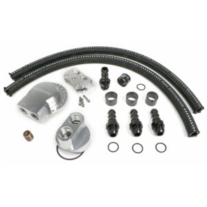 HAMBURGER'S PERFORMANCE PRODUCTS BILLET ALUMINUM MULTI-POSITION OIL FILTER RELOCATION KIT; HORIZONTAL PORT; 2-1/2 in. I.D., 2-3/4 in. O.D. OIL FILTER FLANGE; 22MM x 1.5 NIPPLE- FITS 2007-2022 CHEVY/GM GEN IV AND GEN V LS AND LT ENGINES; FORD 4.6L AND 5.4L ENGINES