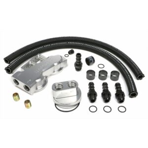 HAMBURGER'S PERFORMANCE PRODUCTS BILLET ALUMINUM TRUE-DUAL DOUBLE OIL FILTER RELOCATION KIT; HORIZONTAL PORT; 3-3/16 IN. I.D., 3-7/16 IN. O.D. OIL FILTER FLANGE; 13/16 IN.-16 NIPPLE- SB CHEVY & BB CHEVY