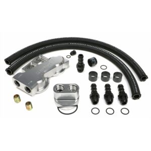 HAMBURGER'S PERFORMANCE PRODUCTS BILLET ALUMINUM TRUE-DUAL DOUBLE OIL FILTER RELOCATION KIT; HORIZONTAL PORT; 2-1/2 IN. I.D., 2-3/4 IN. O.D. OIL FILTER FLANGE; 18MM X 1.5 NIPPLE- CHEVY V6 & 4 CYL.