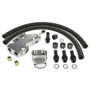 HAMBURGER'S PERFORMANCE PRODUCTS BILLET ALUMINUM TRUE-DUAL DOUBLE OIL FILTER RELOCATION KIT; HORIZONTAL PORT; 2-1/2 IN. I.D., 2-3/4 IN. O.D. OIL FILTER FLANGE; 22MM X 1.5 NIPPLE- FORD 4.6+5.4L, CHEV LS