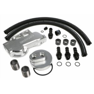 HAMBURGER'S PERFORMANCE PRODUCTS BILLET ALUMINUM TRUE-DUAL DOUBLE OIL FILTER RELOCATION KIT; HORIZONTAL PORT; 3-1/2 IN. I.D., 4-11/16 IN. O.D. OIL FILTER FLANGE; 1-1/2 IN.-12 NIPPLE- FORD DIESEL WITH 1 1/2-12 THREADS