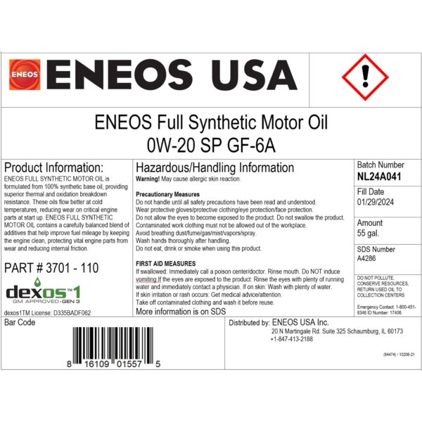 ENEOS FULL SYNTH MOTOROIL 0W-20 55gal