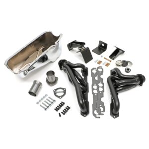 TRANS-DAPT PERFORMANCE PRODUCTS ENGINE SWAP IN A BOX KIT; INSTALLS '55-78 SB CHEVY IN '72-86 JEEP CJ; 1-1/2 IN. MID-LENGTH TUBE HEADERS; 2-1/2 IN. BALL/SOCKET COLLECTOR; INCLUDES HEADERS, OIL PAN, ENGINE MOUNTS- UNCOATED HEADERS