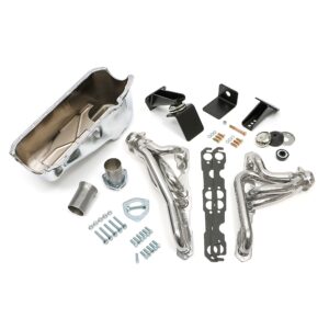 TRANS-DAPT PERFORMANCE PRODUCTS ENGINE SWAP IN A BOX KIT; INSTALLS '55-78 SB CHEVY IN '72-86 JEEP CJ; 1-1/2 IN. MID-LENGTH TUBE HEADERS; 2-1/2 IN. BALL/SOCKET COLLECTOR; INCLUDES HEADERS, OIL PAN, ENGINE MOUNTS- HTC SILVER CERAMIC HEADERS