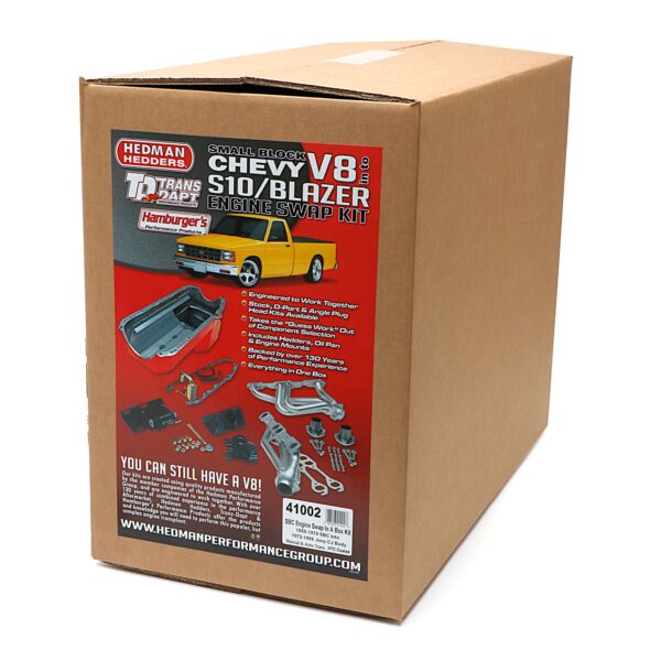 TRANS-DAPT PERFORMANCE PRODUCTS ENGINE SWAP IN A BOX KIT; INSTALLS '55-78 SB CHEVY IN '72-86 JEEP CJ; 1-1/2 IN. MID-LENGTH TUBE HEADERS; 2-1/2 IN. BALL/SOCKET COLLECTOR; INCLUDES HEADERS, OIL PAN, ENGINE MOUNTS- HTC SILVER CERAMIC HEADERS