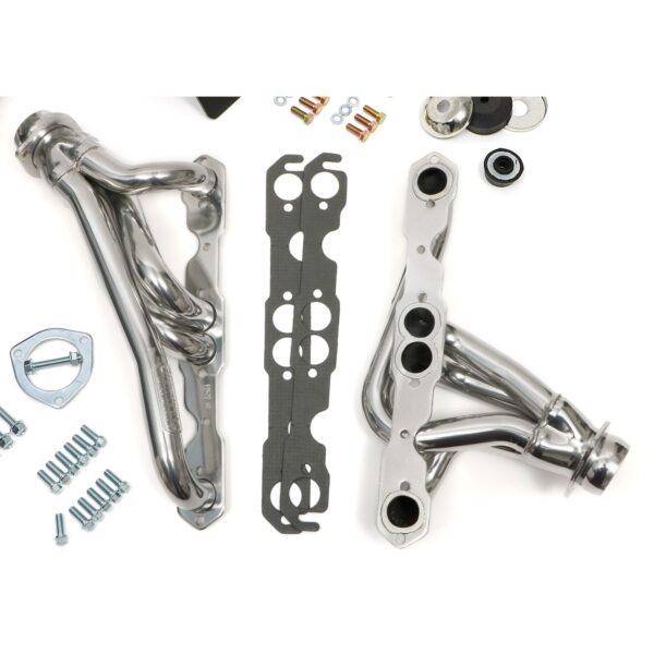 TRANS-DAPT PERFORMANCE PRODUCTS ENGINE SWAP IN A BOX KIT; INSTALLS '55-78 SB CHEVY IN '72-86 JEEP CJ; 1-1/2 IN. MID-LENGTH TUBE HEADERS; 2-1/2 IN. BALL/SOCKET COLLECTOR; INCLUDES HEADERS, OIL PAN, ENGINE MOUNTS- HTC SILVER CERAMIC HEADERS