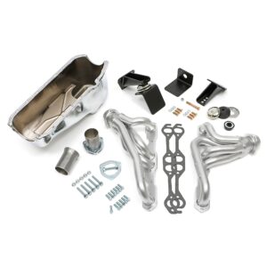 TRANS-DAPT PERFORMANCE PRODUCTS ENGINE SWAP IN A BOX KIT; INSTALLS '55-78 SB CHEVY IN '72-86 JEEP CJ; 1-1/2 IN. MID-LENGTH TUBE HEADERS; 2-1/2 IN. BALL/SOCKET COLLECTOR; INCLUDES HEADERS, OIL PAN, ENGINE MOUNTS- BLACK MAXX CERAMIC HEADERS