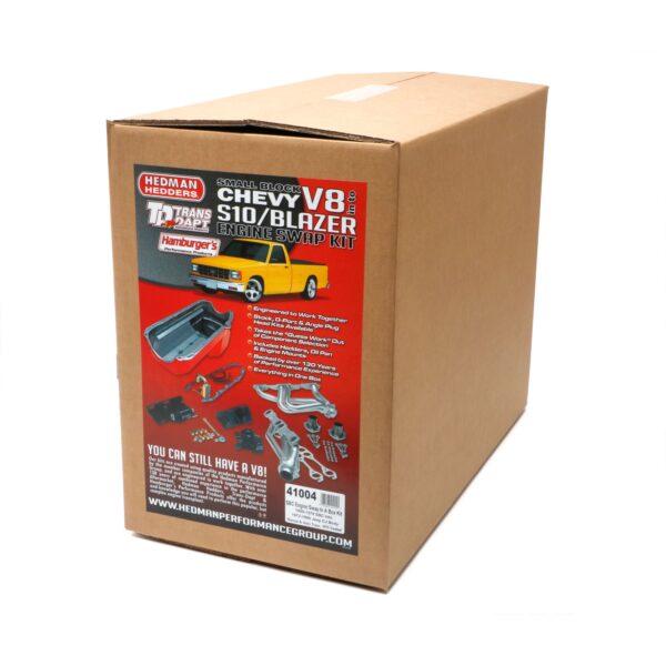 TRANS-DAPT PERFORMANCE PRODUCTS ENGINE SWAP IN A BOX KIT; INSTALLS '55-78 SB CHEVY IN '72-86 JEEP CJ; 1-1/2 IN. MID-LENGTH TUBE HEADERS; 2-1/2 IN. BALL/SOCKET COLLECTOR; INCLUDES HEADERS, OIL PAN, ENGINE MOUNTS- BLACK MAXX CERAMIC HEADERS