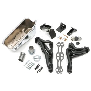 TRANS-DAPT PERFORMANCE PRODUCTS ENGINE SWAP IN A BOX KIT; INSTALLS '55-78 SB CHEVY IN '72-86 JEEP CJ; 1-1/2 IN. MID-LENGTH TUBE HEADERS; 2-1/2 IN. BALL/SOCKET COLLECTOR; INCLUDES HEADERS, OIL PAN, ENGINE MOUNTS- BLACK MAXX CERAMIC HEADERS