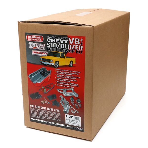 TRANS-DAPT PERFORMANCE PRODUCTS ENGINE SWAP IN A BOX KIT; INSTALLS '55-78 SB CHEVY IN '72-86 JEEP CJ; 1-1/2 IN. MID-LENGTH TUBE HEADERS; 2-1/2 IN. BALL/SOCKET COLLECTOR; INCLUDES HEADERS, OIL PAN, ENGINE MOUNTS- BLACK MAXX CERAMIC HEADERS