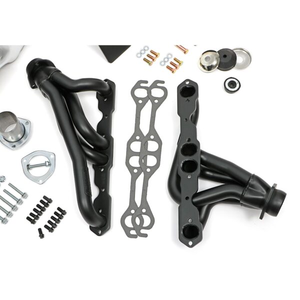 TRANS-DAPT PERFORMANCE PRODUCTS ENGINE SWAP IN A BOX KIT; INSTALLS '55-78 SB CHEVY IN '72-86 JEEP CJ; 1-1/2 IN. MID-LENGTH TUBE HEADERS; 2-1/2 IN. BALL/SOCKET COLLECTOR; INCLUDES HEADERS, OIL PAN, ENGINE MOUNTS- BLACK MAXX CERAMIC HEADERS