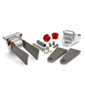 TRANS-DAPT PERFORMANCE PRODUCTS PREMIUM, BILLET ALUMINUM ENGINE MOUNT KIT WITH POLYURETHANE BUSHINGS AND STARTER FRAME BRACKETS; FITS SB CHEVY 283-400 (GEN 1/II) AND BB CHEVY 396-502 (MARK IV/GEN 5) ENGINES (ONE PAIR)
