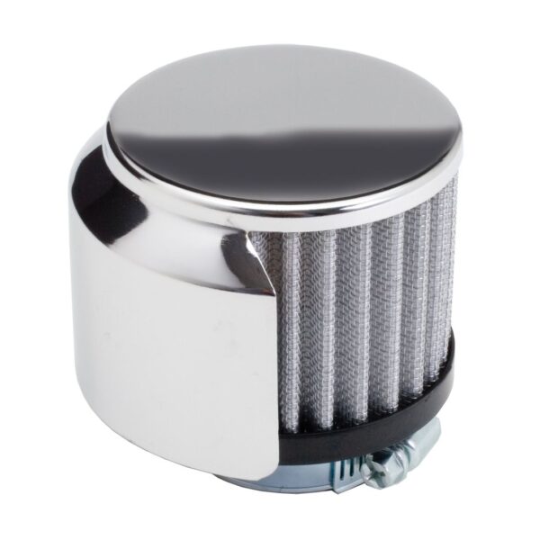 TRANS-DAPT PERFORMANCE PRODUCTS 3 IN. TALL CLAMP-ON STYLE BREATHER WITH HOOD; 1-3/8 IN. DIA. TUBE; OPEN COTTON FILTER ELEMENT- CHROME