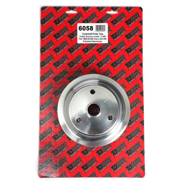 TRANS-DAPT PERFORMANCE PRODUCTS CRANKSHAFT PULLEY; 3 GROOVE; 1955-1968 CHEVROLET 283-350; LONG WATER PUMP- POLISHED ALUMINUM