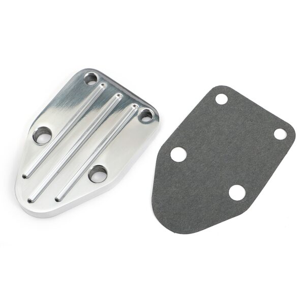 TRANS-DAPT PERFORMANCE PRODUCTS FUEL PUMP BLOCK-OFF PLATE; SB CHEVY 283-400; PINSTRIPES (BALL-MILLED)- ALUMINUM