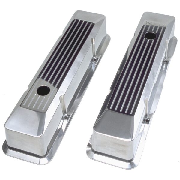 TRANS-DAPT PERFORMANCE PRODUCTS BEVELED EDGE, BALL-MILLED ALUMINUM VALVE COVERS; TALL; PINSTRIPES- 1958-1986- SB CHEVROLET 283-350