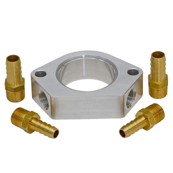 TRANS-DAPT PERFORMANCE PRODUCTS, 1 IN. TALL, BILLET ALUMINUM THERMOSTAT HOUSING RISER WITH DUAL 3/8 IN. NPT WATER PORTS; FITS 1955-99 SB CHEVY AND 1966-90 BB CHEVY ENGINES- CLEAR ANODIZED