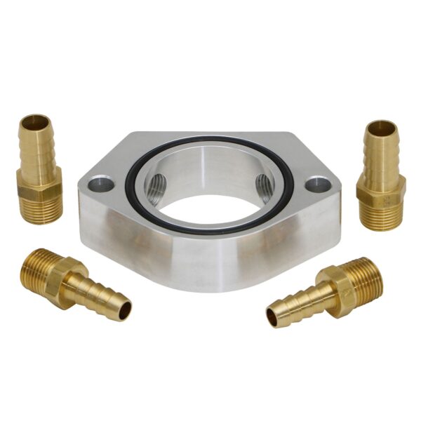 TRANS-DAPT PERFORMANCE PRODUCTS, 1 IN. TALL, BILLET ALUMINUM THERMOSTAT HOUSING RISER WITH DUAL 3/8 IN. NPT WATER PORTS; FITS 1955-99 SB CHEVY AND 1966-90 BB CHEVY ENGINES- CLEAR ANODIZED