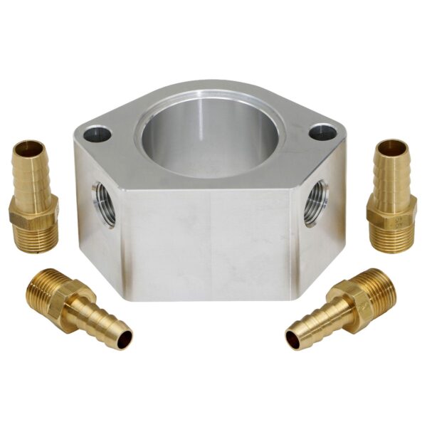 TRANS-DAPT PERFORMANCE PRODUCTS, 2 IN. TALL, BILLET ALUMINUM THERMOSTAT HOUSING RISER WITH DUAL 3/8 IN. NPT WATER PORTS; FITS 1955-99 SB CHEVY AND 1966-90 BB CHEVY ENGINES- CLEAR ANODIZED
