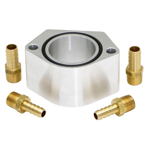 TRANS-DAPT PERFORMANCE PRODUCTS, 2 IN. TALL, BILLET ALUMINUM THERMOSTAT HOUSING RISER WITH DUAL 3/8 IN. NPT WATER PORTS; FITS 1955-99 SB CHEVY AND 1966-90 BB CHEVY ENGINES- CLEAR ANODIZED