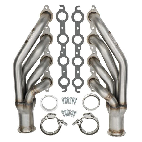 HEDMAN HEDDERS FORWARD FACING, TURBOCHARGER HEADERS FOR GM LS SERIES ENGINES (4.8L, 5.3L, 6.0L GEN III/IV); 1-3/4 IN. TUBE, T304 STAINLESS STEEL CONSTUCTION; 3 IN. V-BAND COLLECTOR- RAW STAINLESS