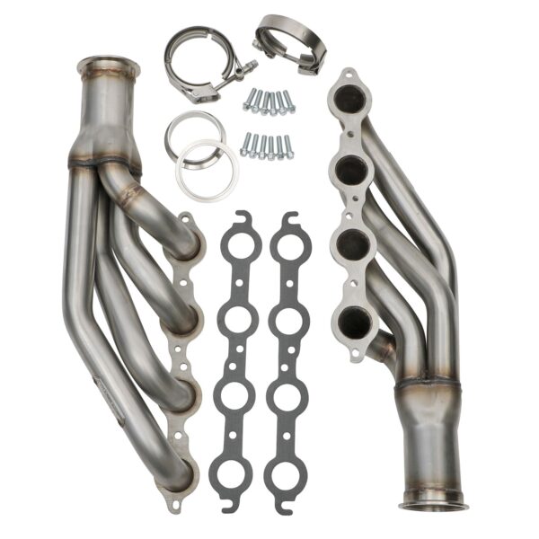 HEDMAN HEDDERS FORWARD FACING, TURBOCHARGER HEADERS FOR GM LS SERIES ENGINES (4.8L, 5.3L, 6.0L GEN III/IV); 1-3/4 IN. TUBE, T304 STAINLESS STEEL CONSTUCTION; 3 IN. V-BAND COLLECTOR- RAW STAINLESS