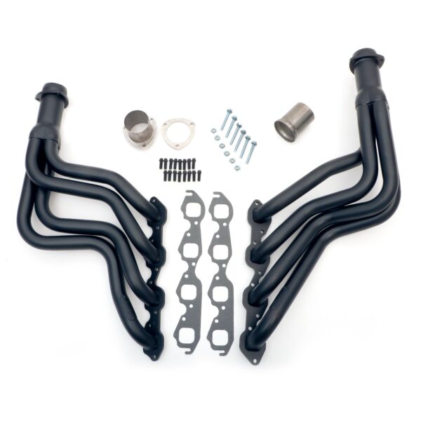 HEDMAN HEDDERS STAINLESS STEEL- EARLY MODEL BB CHEVY CAMARO, CHEVELLE, NOVA- FULL LENGTH- BLACK MAXX