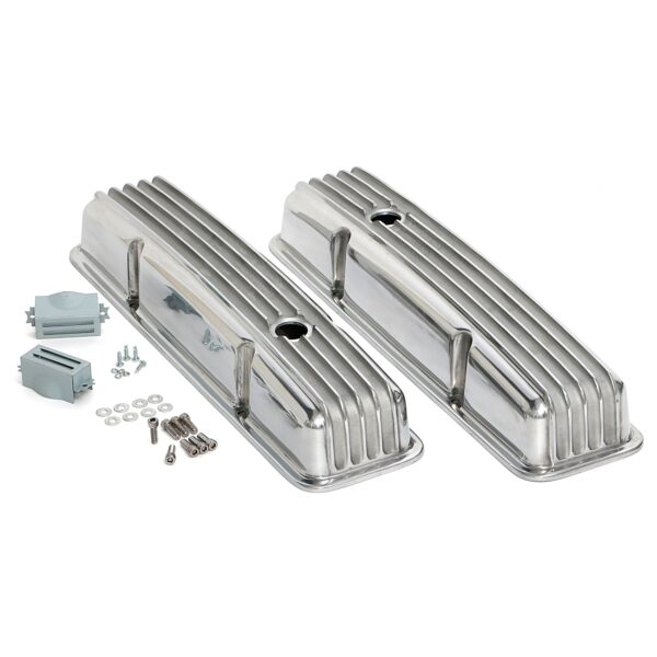 TRANS-DAPT PERFORMANCE PRODUCTS FINNED STYLE RETRO VALVE COVERS; SHORT; 1958-1986 CHEVROLET 283-350- ALUMINUM