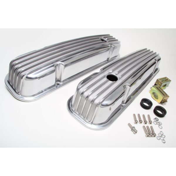 TRANS-DAPT PERFORMANCE PRODUCTS FINNED ALUMINUM VALVE COVERS WITH HOLE; PONTIAC 326-455 V8S 1959-79