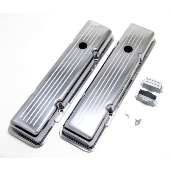 TRANS-DAPT PERFORMANCE PRODUCTS BALL-MILLED ALUMINUM VALVE COVERS; SHORT; PINSTRIPES- 1958-1986- SB CHEVROLET 283-350