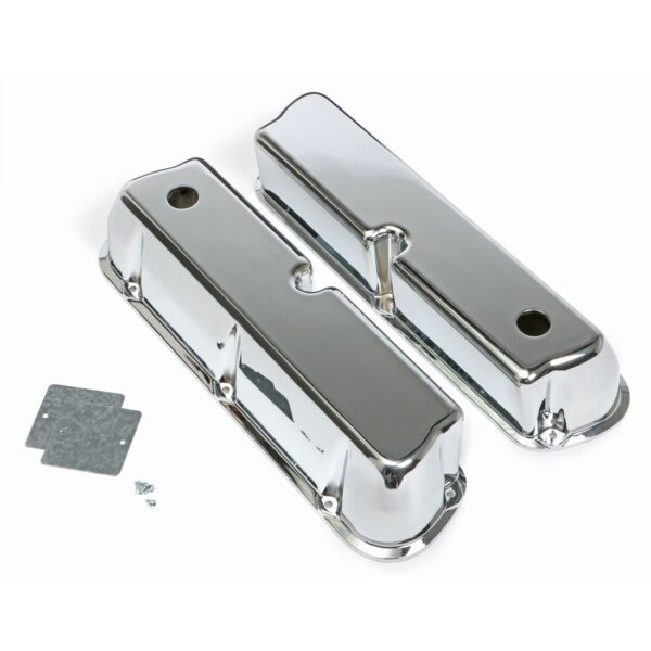 TRANS-DAPT PERFORMANCE PRODUCTS TALL VALVE COVERS; SB FORD; PLAIN TOP; POLISHED & CHROMED ALUMINUM- WITH HOLES