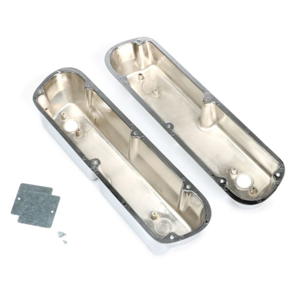 TRANS-DAPT PERFORMANCE PRODUCTS TALL VALVE COVERS; SB FORD; PLAIN TOP; POLISHED & CHROMED ALUMINUM- WITH HOLES