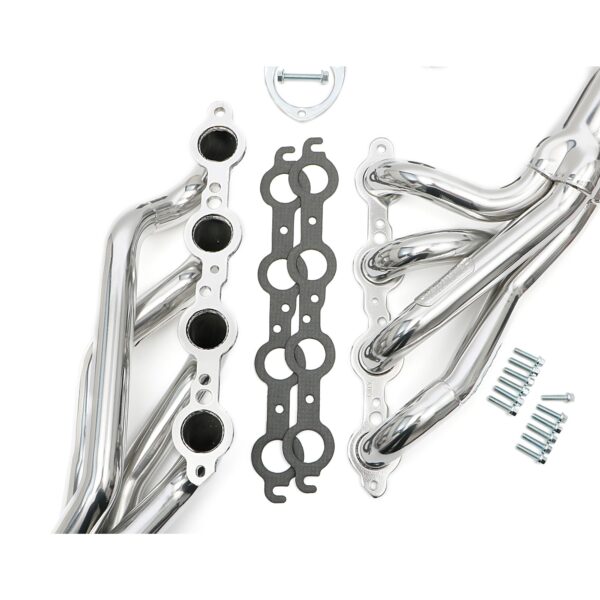 HEDMAN HEDDERS LS SWAP HEADERS; 1-3/4 IN. MID LENGTH; 1978-81 GM A-BODY & 1982-88 GM G-BODY CARS (CHEVY MONTE CARLO, MALIBU, EL CAMINO, GMC CABALLERO, BUICK REGAL, OLDS CUTLASS, PONTIAC BONNEVILLE, GRAND PRIX ; HTC POLISHED SILVER CERAMIC COATED MILD STEEL